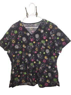 Cherokee Floral V-Neck/Mock-Wrap style Black & Multi Color Nurse Scrub Top